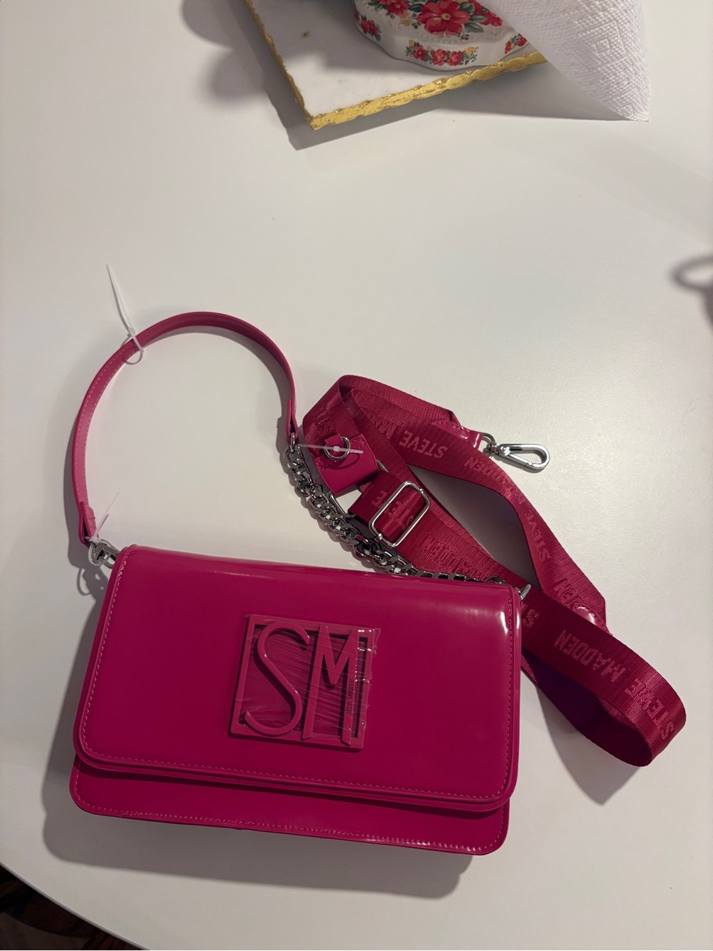 Steve Madden Hot Pink Patent Crossbody Bag with Branded Strap